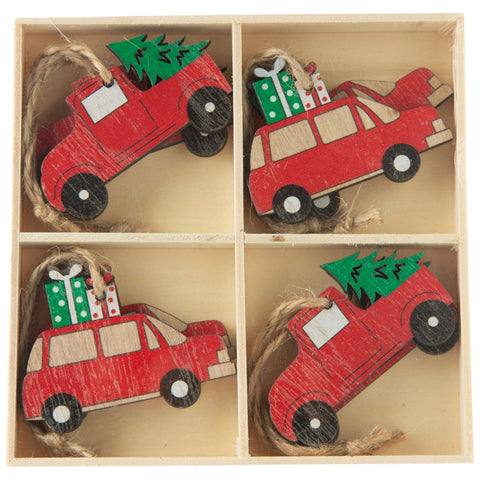 Wood Christmas Car Ornaments - Set of 8